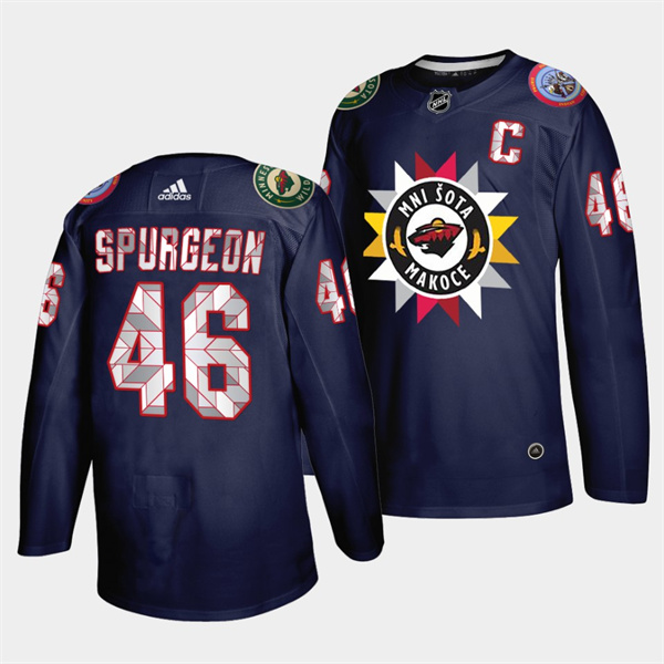 Men's Navy Minnesota Wild #46 Jared Spurgeon 2021/22 Native American Heritage Day Stitched Jersey